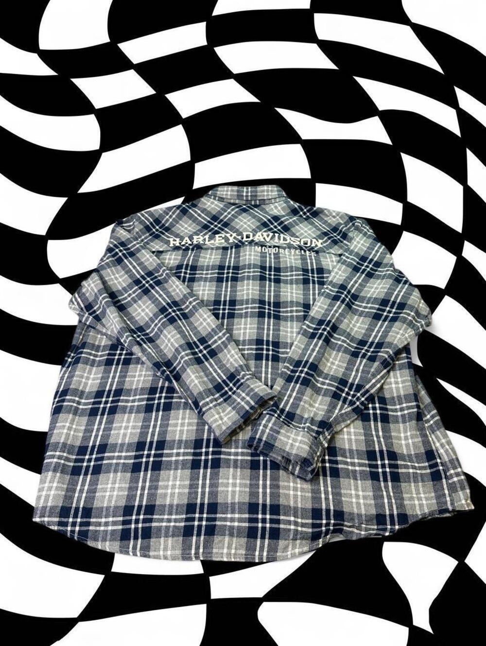 Harley Davidson white and blue plaid button-up shirt